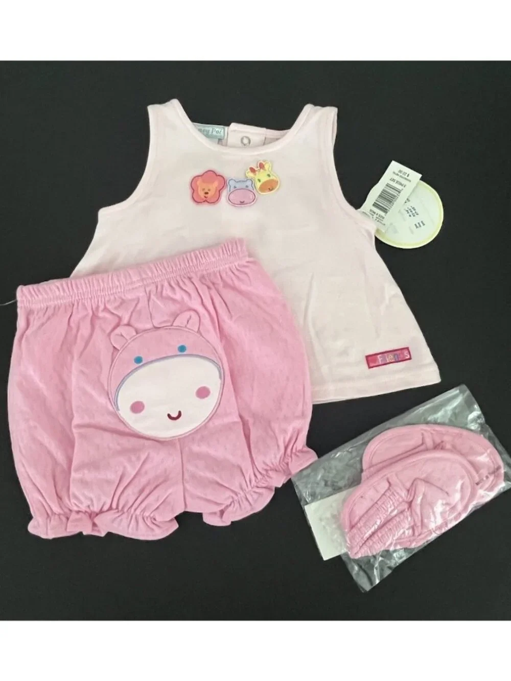 Honey Pot Baby Girl's 9 Months 2pc Outfit Top & Bloomer w/ Sandals Zoo Animals